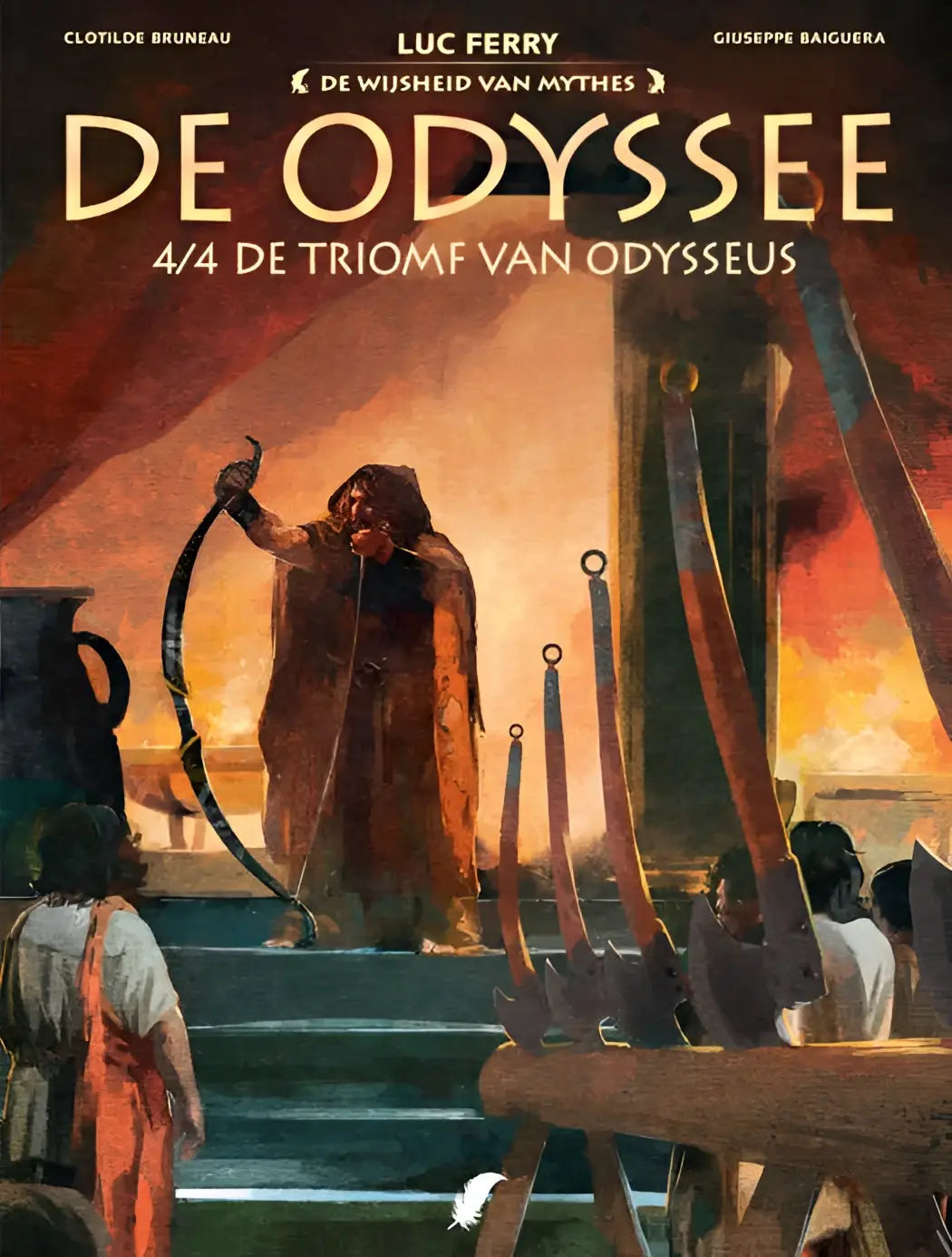 De omslag van het stripboek de odyssee door luc ferry met een dramatische illustratie in warme oranje en rode tinten