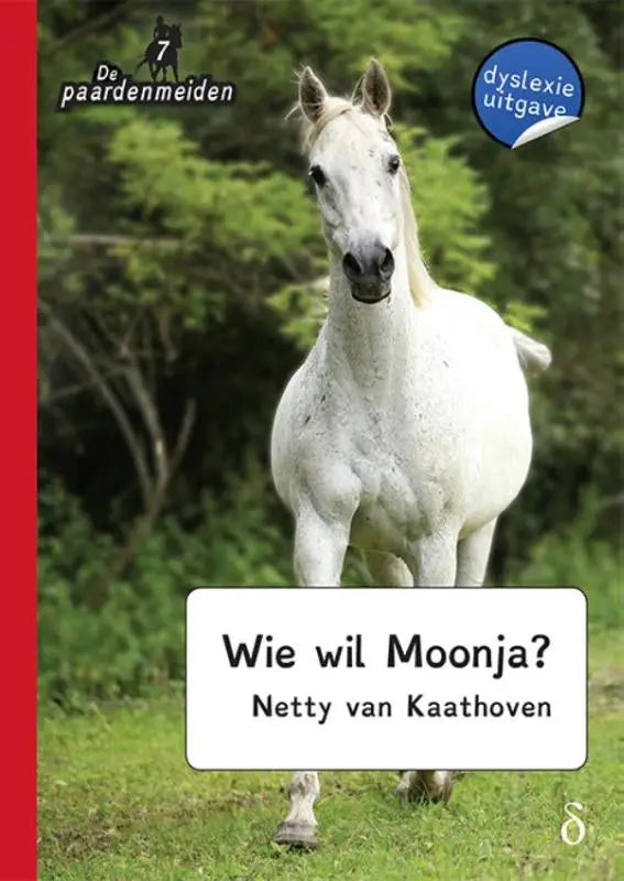 Een witte merrie met een glanzende vacht staat centraal op de kaft van paardenmeiden deel 7 wil moonja
