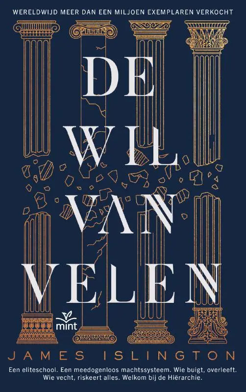 De boekcover van de wil van velen toont james islington met witte titel en gouden klassieke zuilen op marineblauwe achtergrond