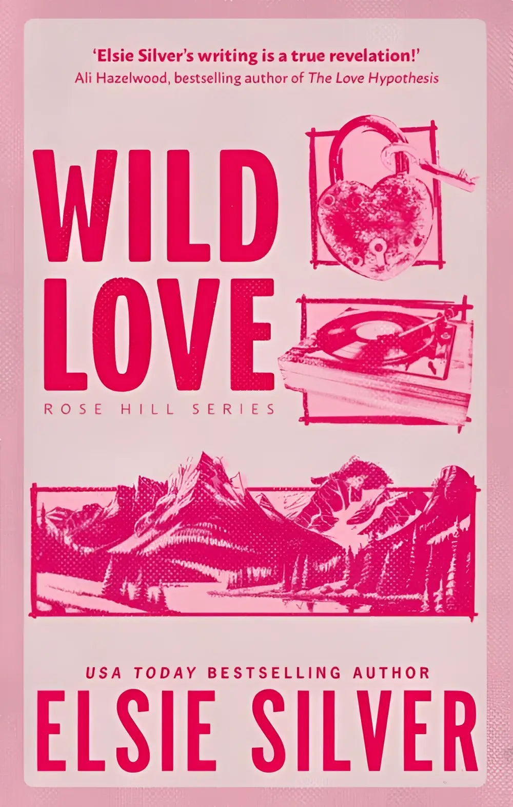 Illustratie van roze boekomslag wild love van elsie silver met hartvormig slot en platenspeler voor small-town romance