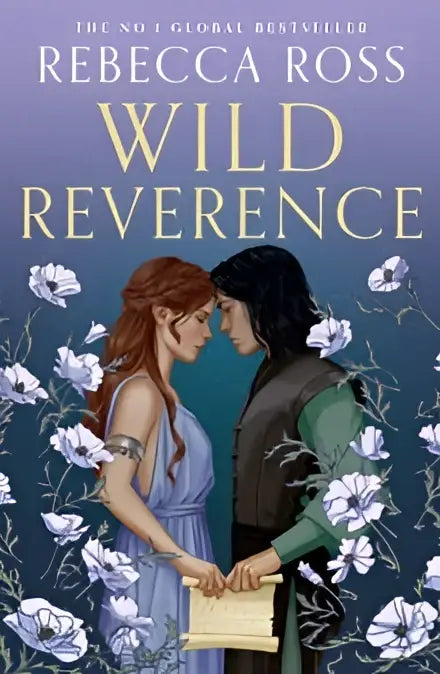 De boekomslag van wild reverence door rebecca ross toont een romantische illustratie met witte bloemen en zachte blauwtinten