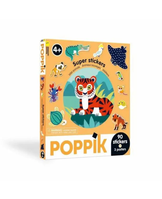 Poppik super stickers wilde dieren doos met 90 kleurrijke stickers en illustraties van wilde dieren inclusief tijger