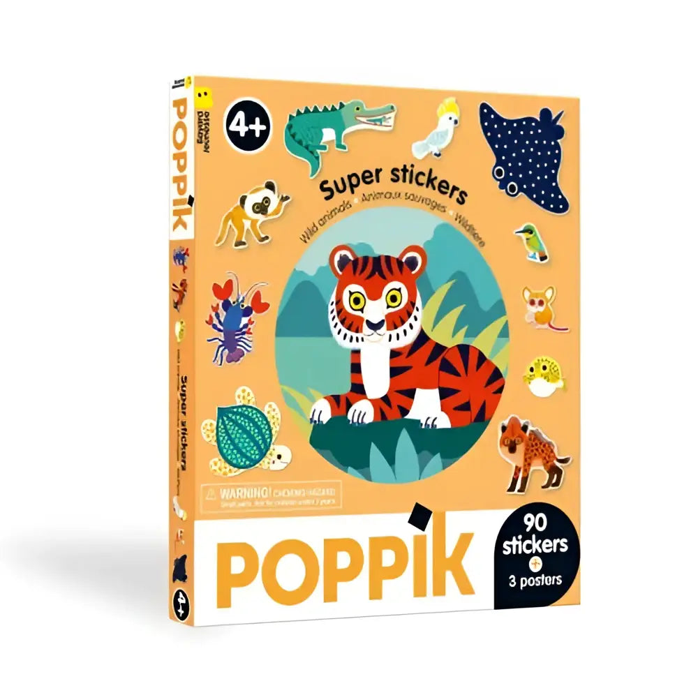 Fel oranje doos met een levendige tijgersticker en kleurrijke wilde dieren stickers op het oppervlak