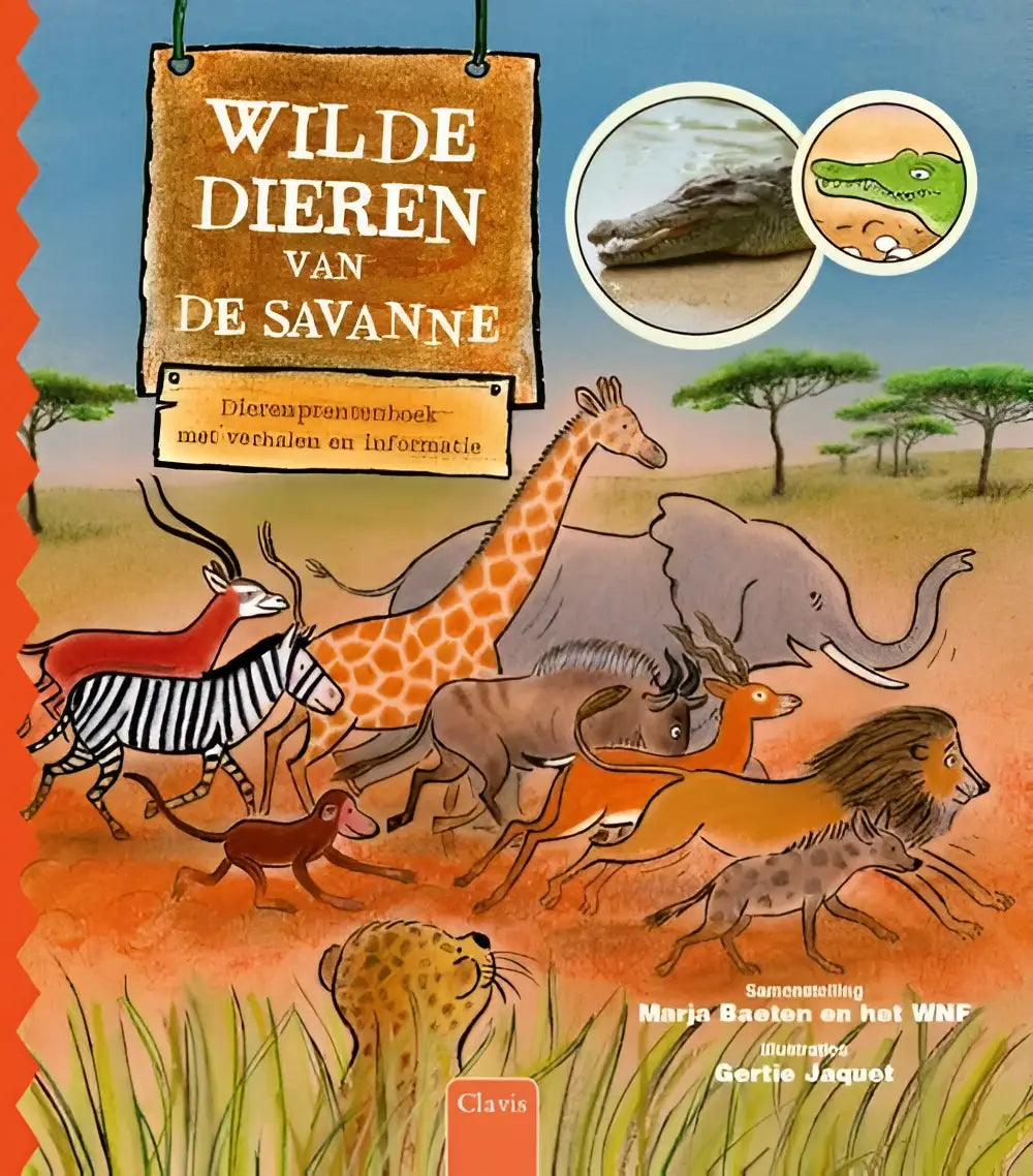 De cover van het kinderboek wilde dieren van de savanne toont een kleurrijke illustratie van giraffen en olifanten voor jonge lezers door marja baeten