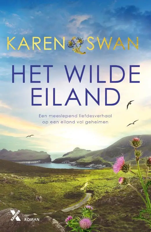 Het wilde eiland boekcover toont een levendig landschap met groene heuvels en paarse distels onder een blauwe lucht