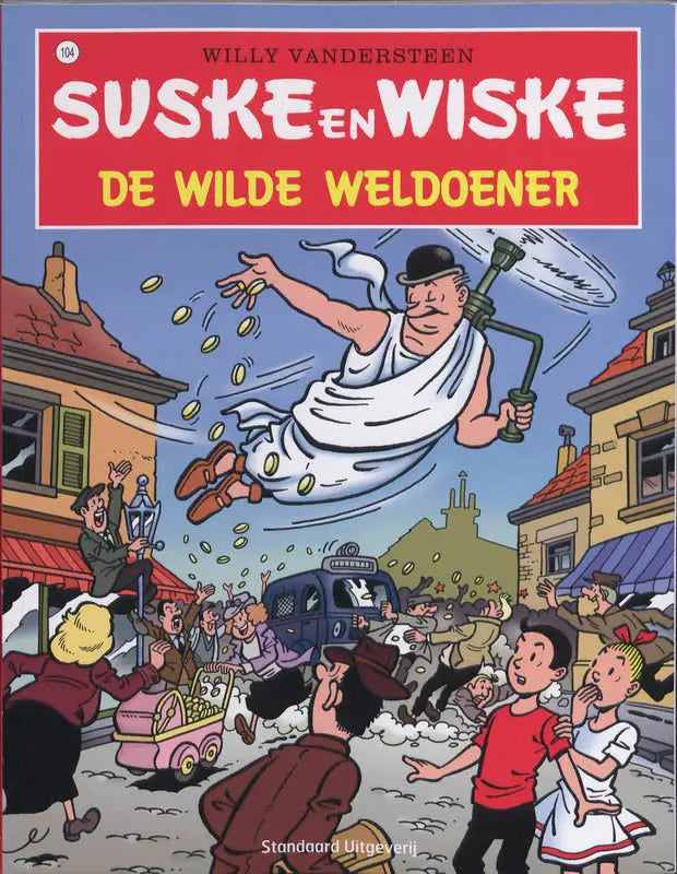 De wilde weldoener comic cover by willy vandersteen showing a man in white toga scattering gold coins strips algemeen
