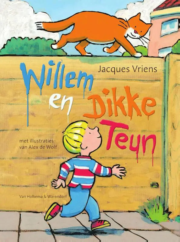 De voorkant van het kinderboek Willem en Dikke Teun van Jacques Vriens met een oranje kat en jongen in gestreepte kleding