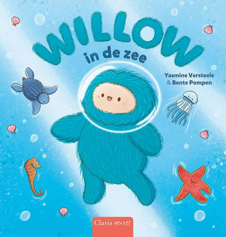 Fluffy blauwe wezentje met doorzichtige bubbelhelm omringd door zeedieren op kinderboekcover willow in de zee voor jonge lezers