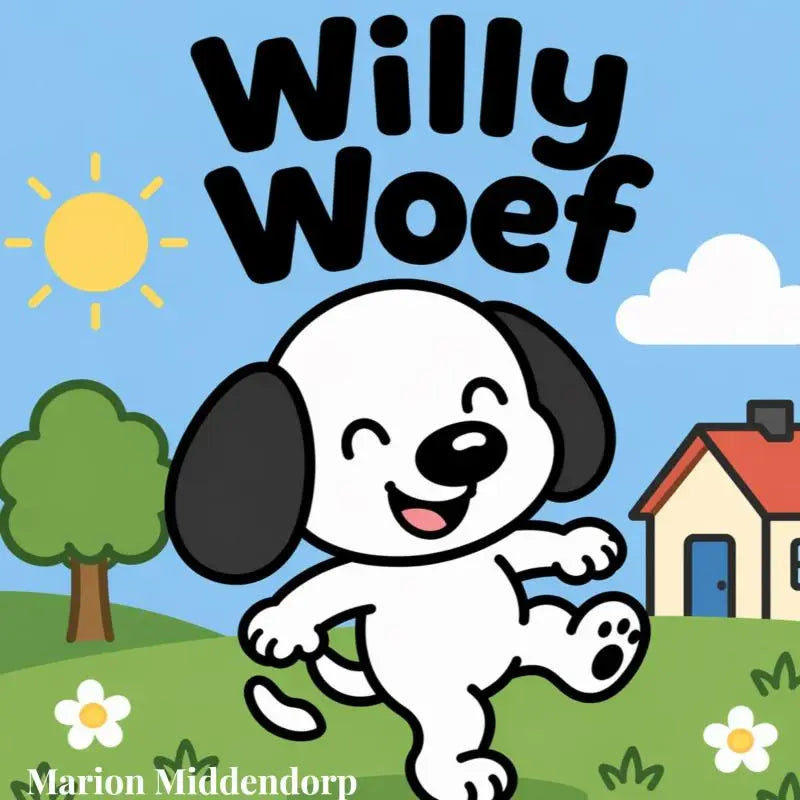 A cheerful cartoon dog willy woef with black floppy ears and white body smiling for jonge lezers kleine verhaaltjes