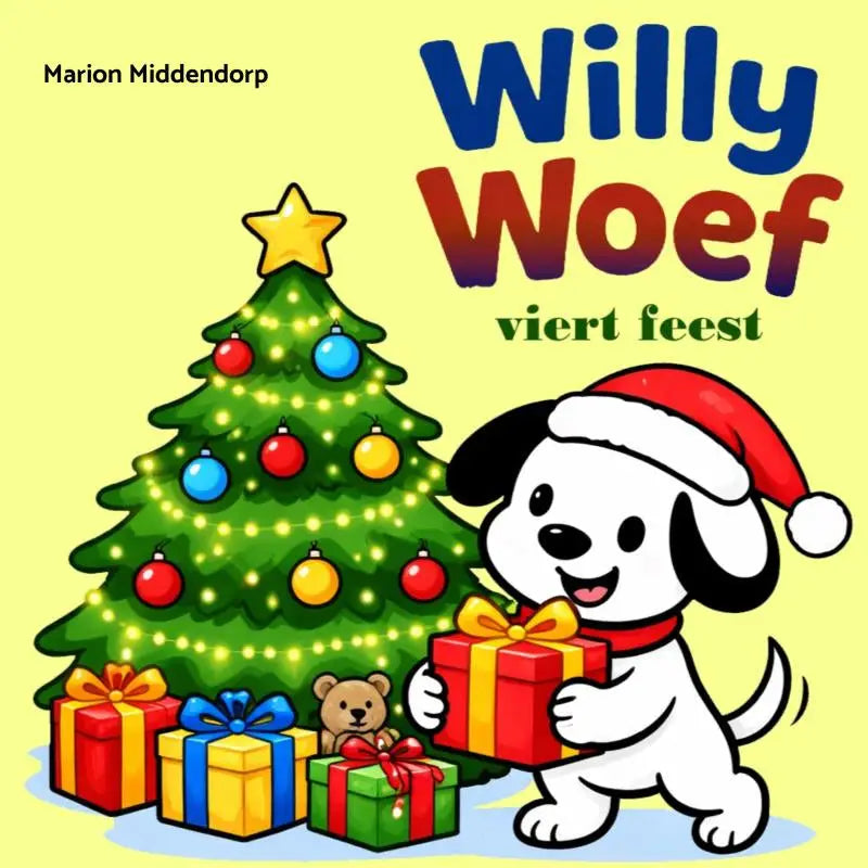 Een vrolijke cartoon puppy van willy woef viert feest draagt een rode kerstmanmuts en houdt een feestelijk cadeau vast