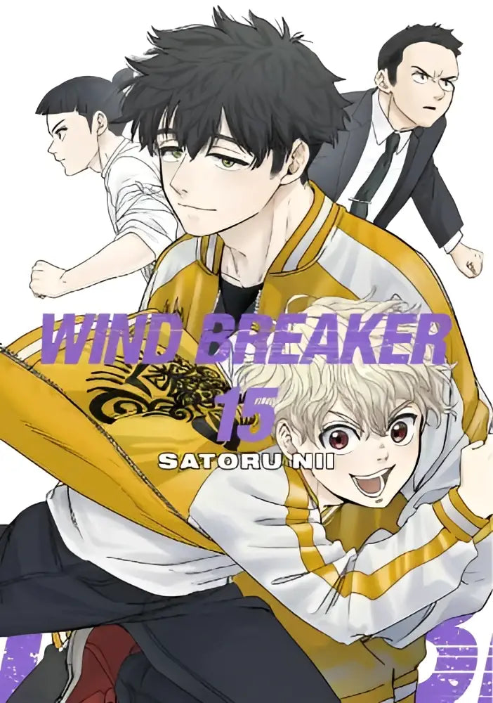 De cover van wind breaker 15 manga door satoru nii met dynamische personages in geel-witte varsityjas