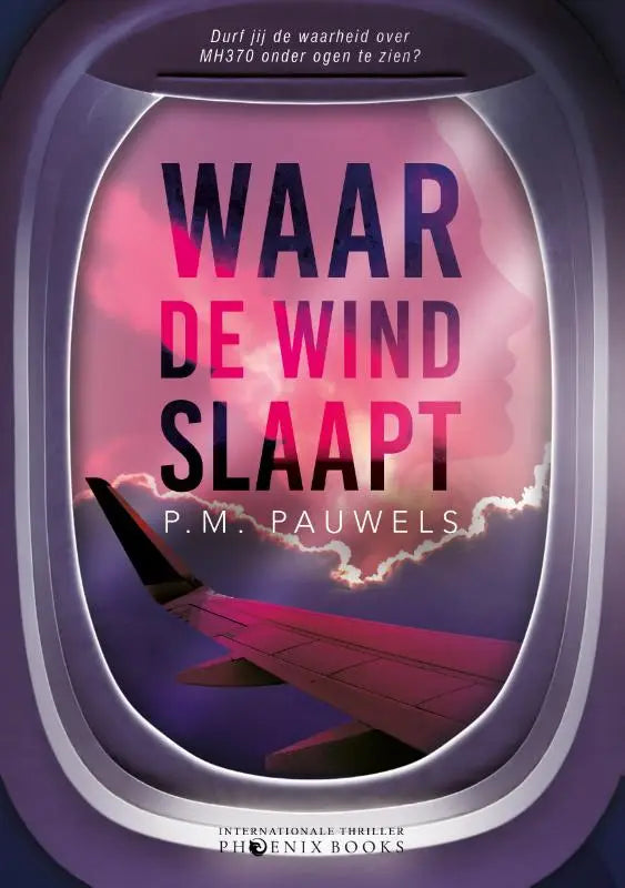 De boekcover van waar de wind slaapt toont zwarte en roze tekst op een vliegtuigraam met vleugel tegen een dramatische lucht