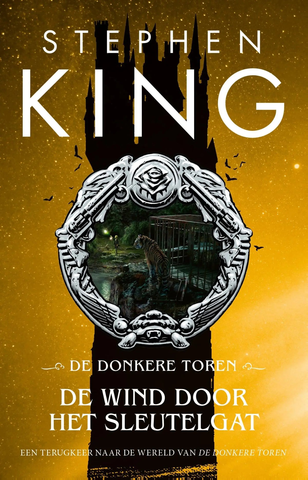 Zilver sierlijk cirkelvormig embleem met tijger en traliedesign op gouden achtergrond bij donkere toren van stephen king luitingh sijthoff