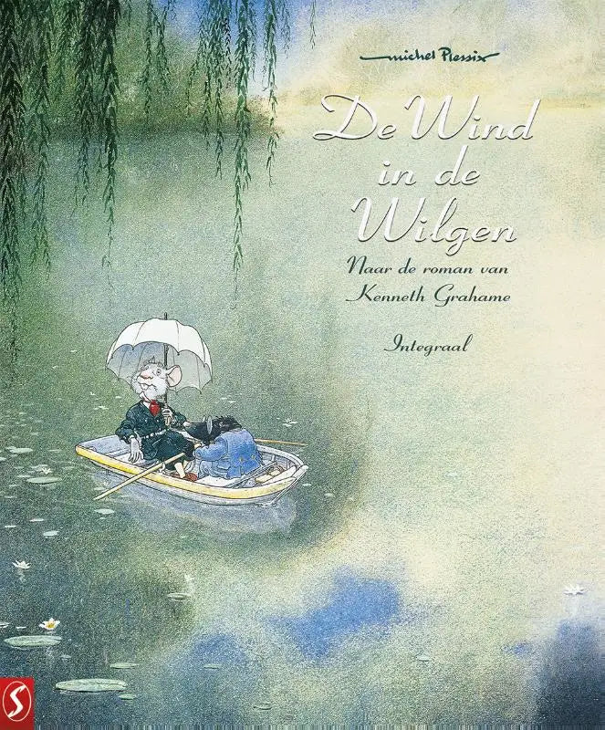 Whimsical illustrated cover of de wind in de wilgen integraal featuring a mouse in a boat with an umbrella on water