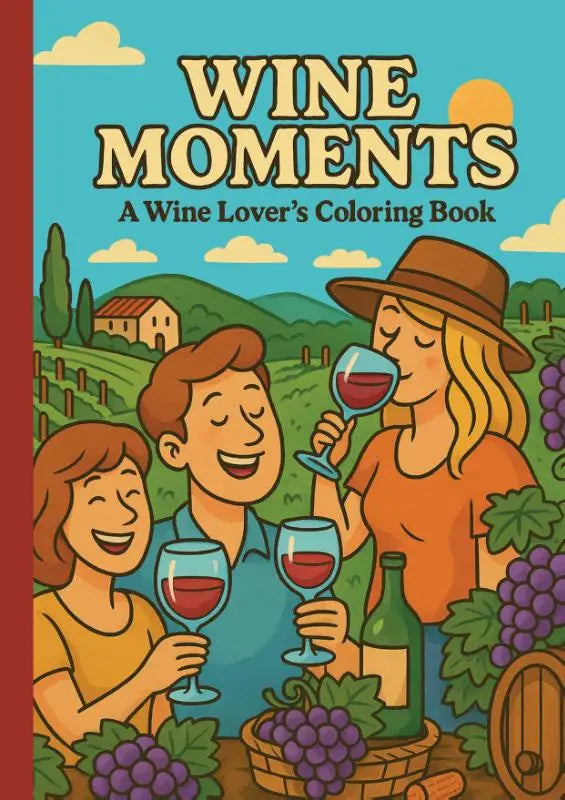 Kleurrijke illustratie van drie personen die wijn proeven in een wijngaard in het wine moments lover’s coloring book