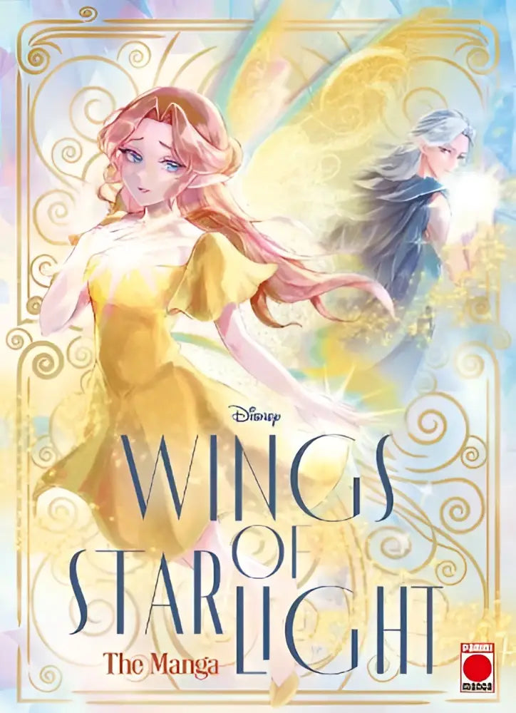 Booktok fantasy the manga wings of starlight volume 1 cover features a yellow dress with golden wings and ornate gold frame