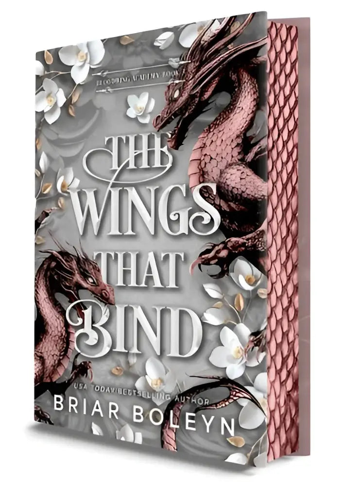 De wings that bind deluxe roman toont een grijs omslag met twee roze dragons en zilveren letters, een donker academia avontuur