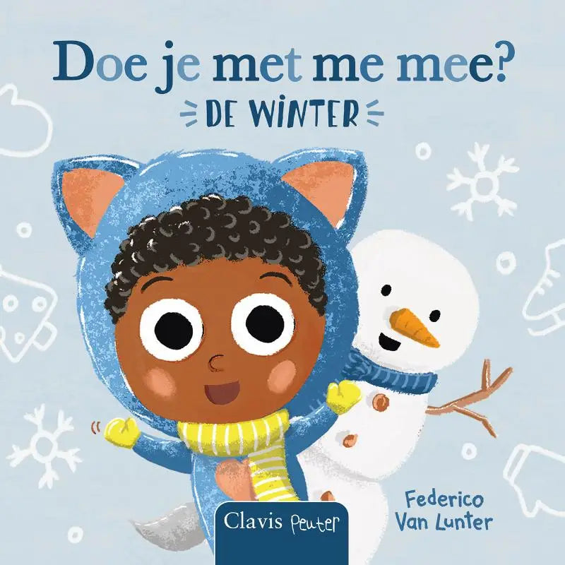 Cartoonkind draagt een blauwe winterjas met kattenoren en een gele gestreepte sjaal uit de serie de winter doe je met me mee voor jonge lezers