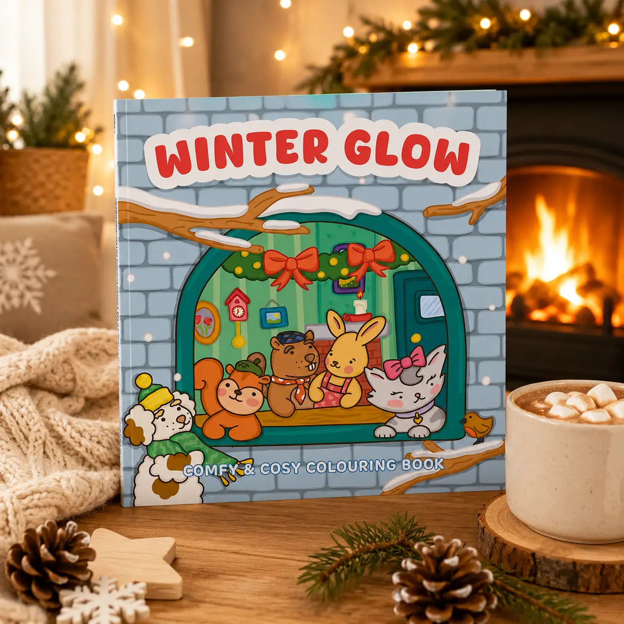 A cozy colouring book titled winter glow kleurboek with a blue brick design and kawaii dieren on the cover