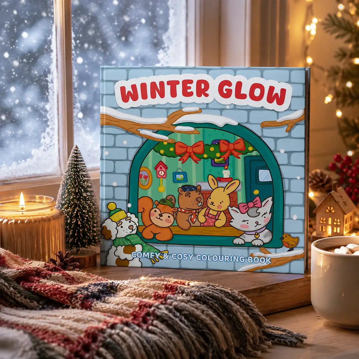 Een lichtblauw winter glow kleurboek met kawaii dieren in een gezellige sneeuwcottage met feestelijke versiering