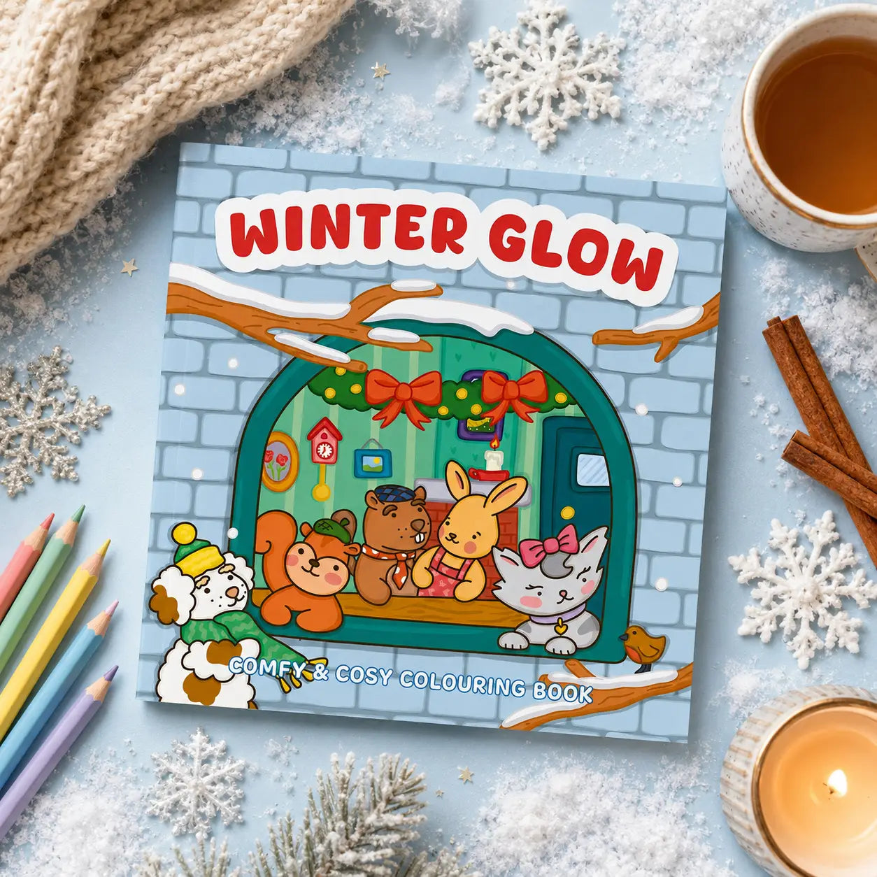Winter glow kleurboek met kawaii dieren in een gezellige winterse scène voor een cozy colouring book ervaring