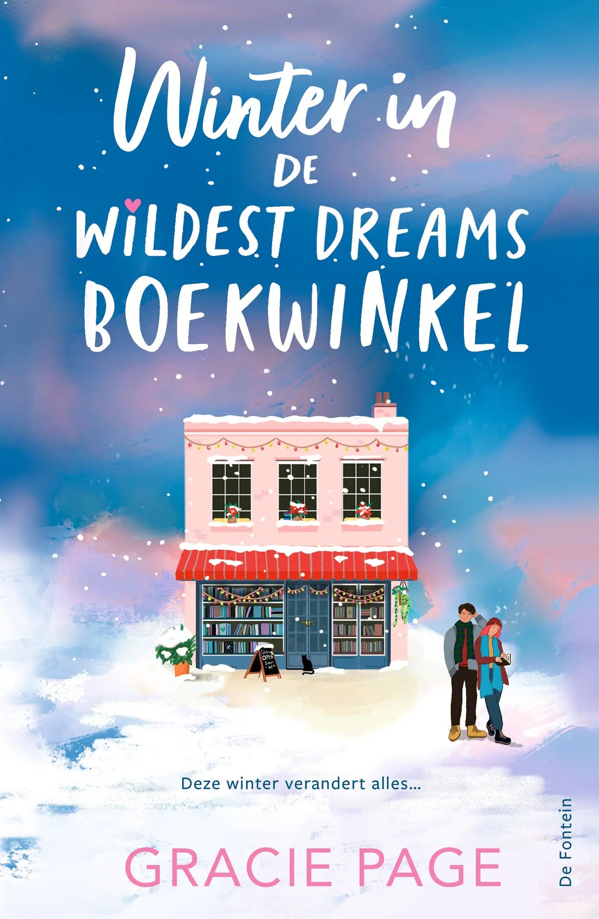 Winter in de wildest dreams boekwinkel toont een roze twee verdiepingen tellende boekwinkel met rode luifel en sneeuwdak