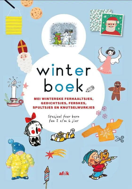 Dit is een kinderen winters activity boek winterske ferhaaltsjes met kleurrijke illustraties op een lichtblauwe omslag