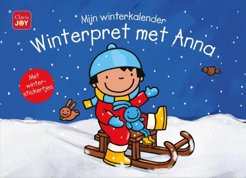 Blauwe winterkalender mijn winterkalender winterpret met anna met cartoon jong kind in rood skipak op houten slee voor jonge lezers