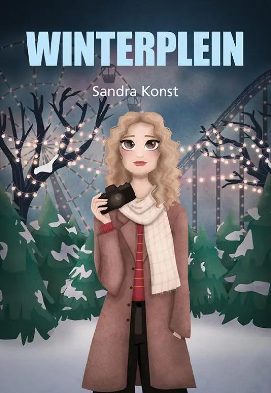 Een cartoonillustratie van een vrouw met krullend blond haar in een bruine winterjas en witte sjaal die een zwarte camera vasthoudt winterplein