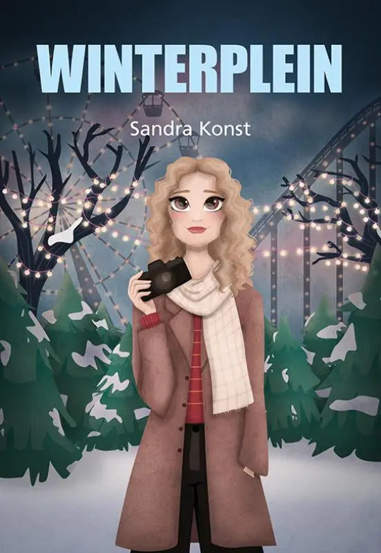 Een cartoonillustratie van een vrouw met krullend blond haar en een bruine jas die een zwarte camera vasthoudt, winterplein, sandra konst populaire fiction