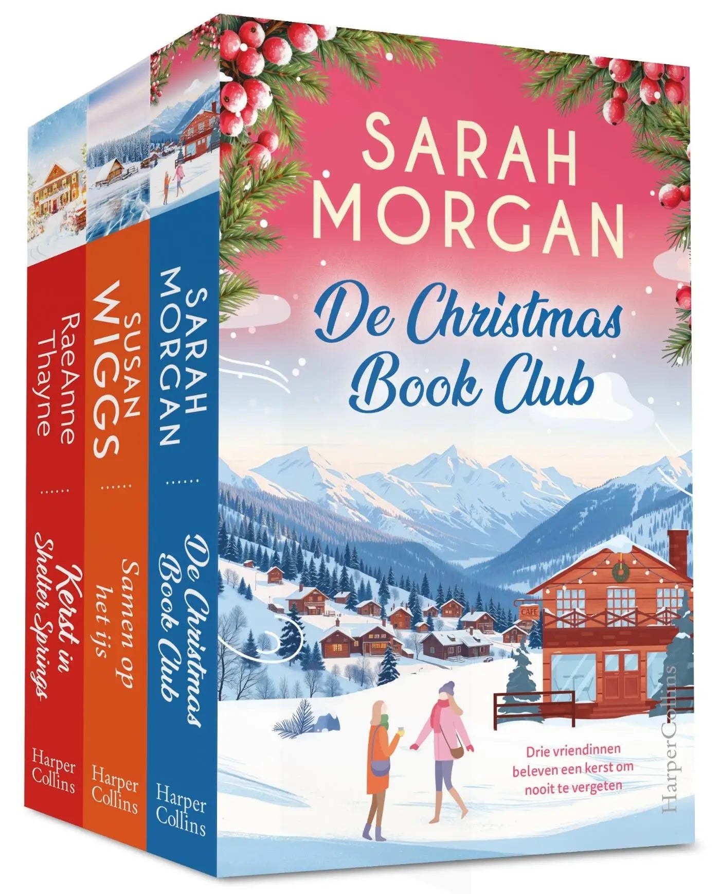 Het winters romancepakket bevat drie sfeervolle boeken van sarah morgan met een winters dorp en rode bessen op de cover