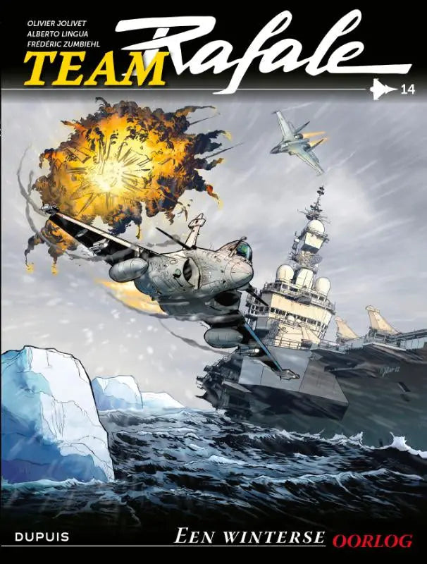 Grijze metalen rafale straaljager boven een vliegdekker met explosies en ijswater in winterse oorlog van frederic zumbiehl team rafale