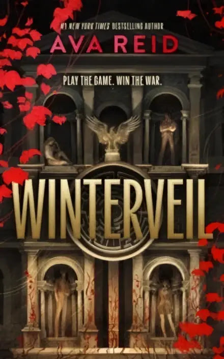 De winterveil boekomslag toont de titel in gouden letters met een cirkelvormig embleem en rode bloemblaadjes bij een koude oorlog thema