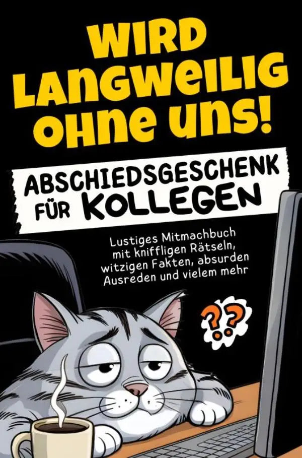 Gray tabby kat met vermoeide ogen rustend op bureau naast dampende koffiekop en laptop bij lustiges mitmachbuch mit wird langweilig ohne us