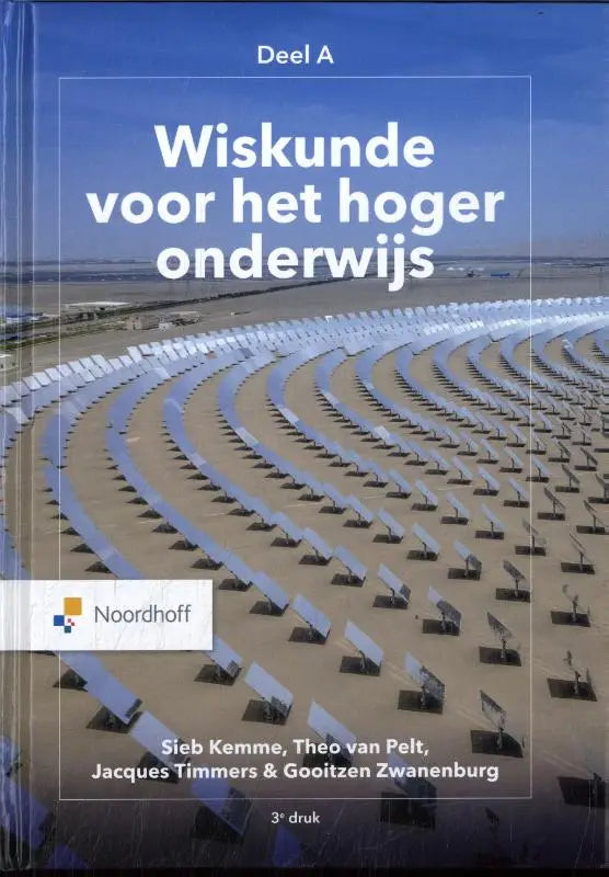 Hardcover boek wiskunde voor het hoger onderwijs met blauw-wit design en zonnepaneelafbeelding van sieb kemme