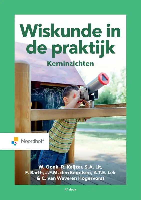 De boekcover van wiskunde in de praktijk kerninzichten toont een kind met een roodzilver speelgoedtelescoop door anita lek waveren hogervorst en frits barth