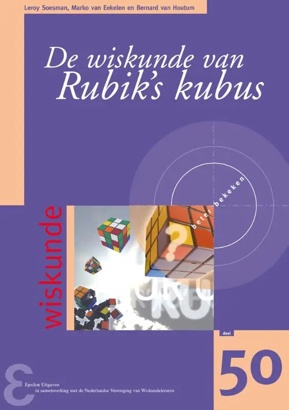Paarse boekomslag van de wiskunde van rubiks kubus met kleurrijke rubiks kubus en abstracte geometrische patronen