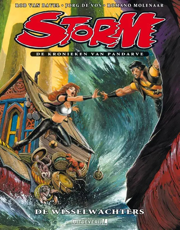 Storm comic book cover with a woman in black and silver attire reaching a man in yellow armor on a wooden boat in green waves for algemeen publiek