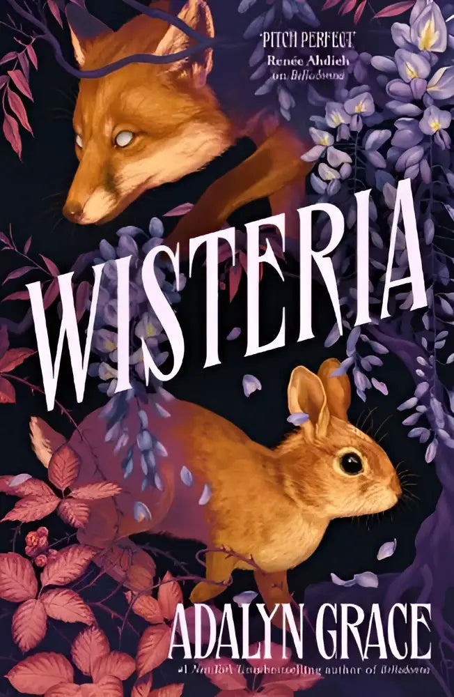 De cover van het boek wisteria toont een levende illustratie van een vos en konijn tussen paarse blauweregen in deze sunday times bestseller gothic fantasy romance