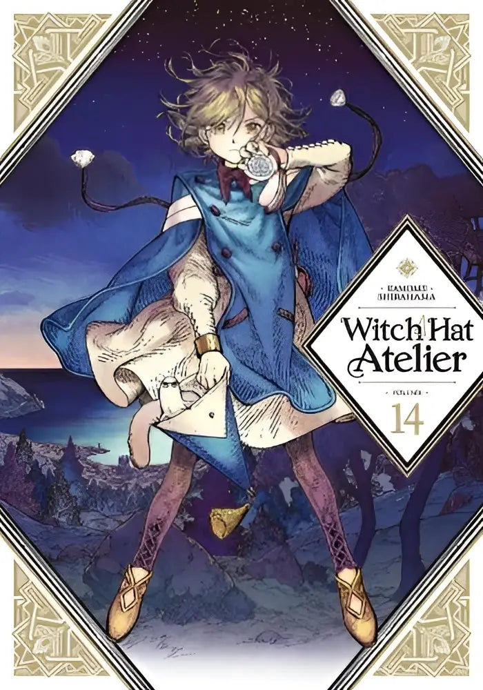 De cover van witch hat atelier volume 14 toont een personage in een blauwe cape en patroonkousen tegen een sterrennacht achtergrond
