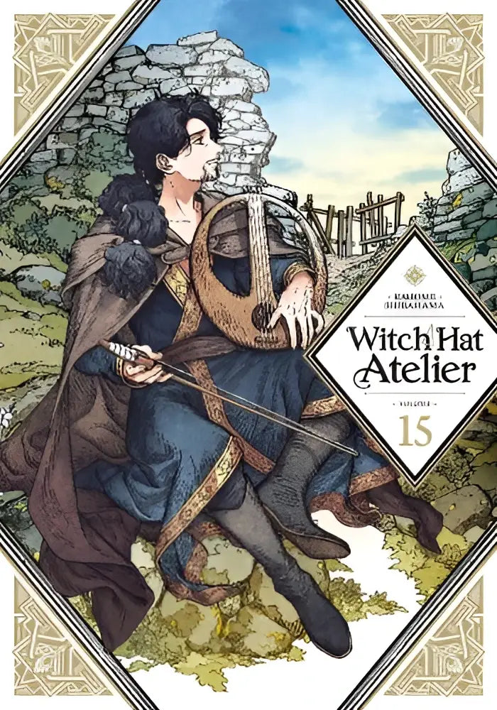 De cover van witch hat atelier volume 15 toont een personage met donkere mantel en zwaard voor stenen ruïnes