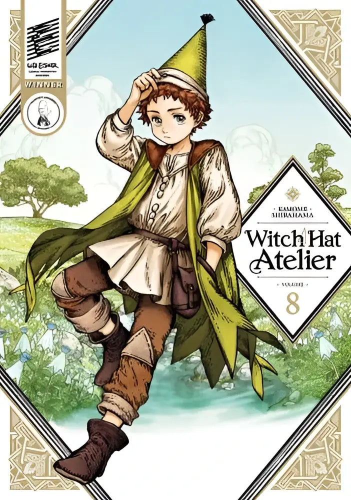 De cover van witch hat atelier volume 8 toont een jongen met een groen puntmuts en aardetinten kleding
