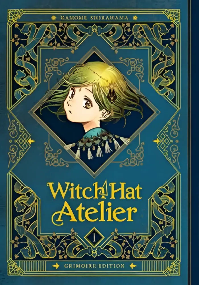 De cover van witch hat atelier grimoire edition 1 toont een blauw-gouden ontwerp met een meisje in een heksenhoed