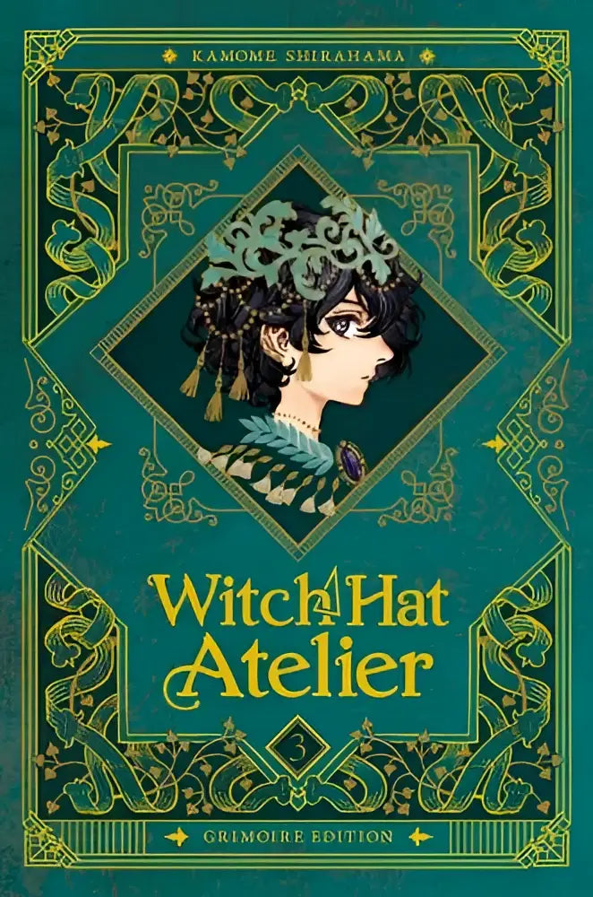 De cover van witch hat atelier grimoire edition 3 manga toont een sierlijk teal en goud ontwerp met een vrouw in victoriaanse kleding