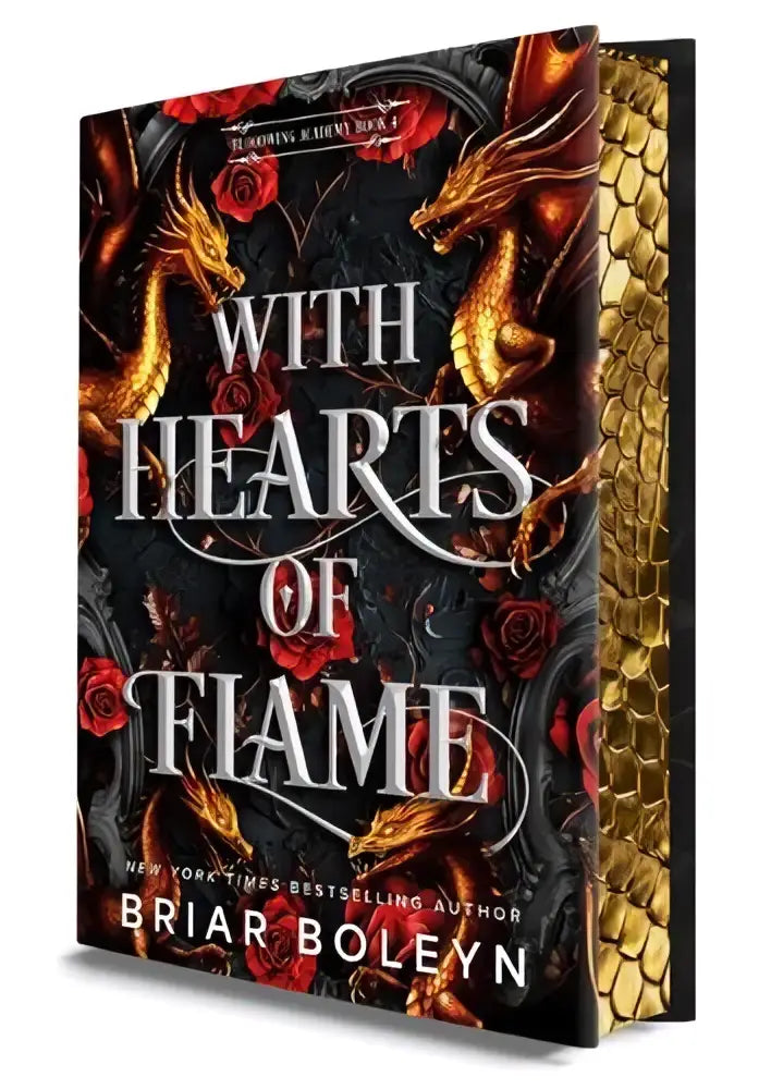De deluxe limited edition dark academia romantasy roman with hearts of flame door briar boleyn heeft een donker omslag met gouden draken en rode rozen