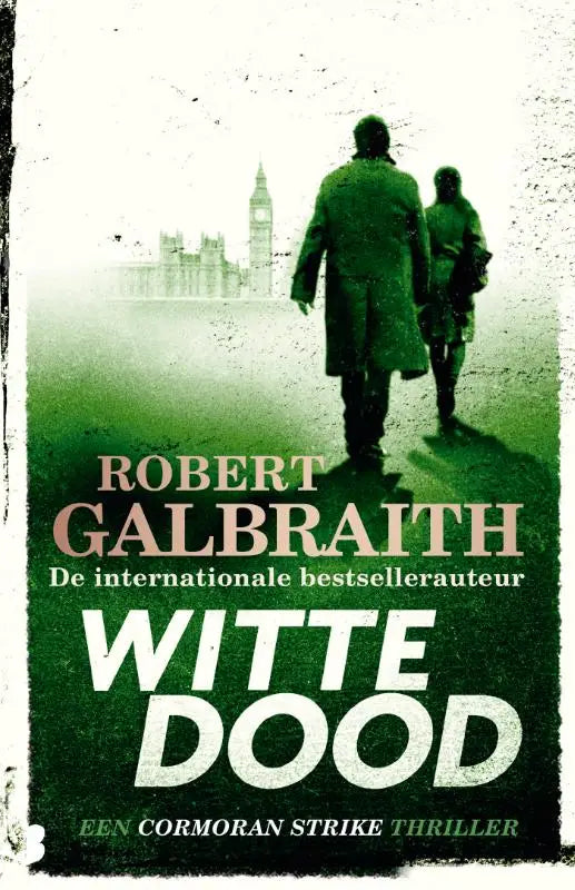 Groene boekcover van witte dood met silhouetten van twee figuren lopend naar de mistige londonse skyline bij big ben