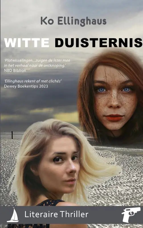 De boekcover van witte duisternis van ko ellinghaus toont twee vrouwen met contrasterende haarkleuren tegen een dramatische lucht