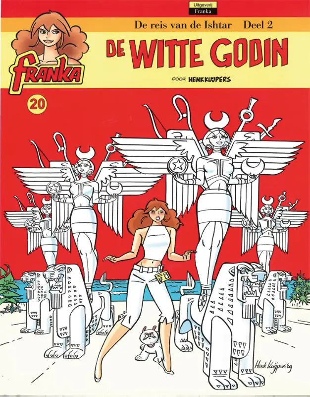 De cover van het franka comicboek de witte godin toont een vrouw in witte kledij voor gestileerde gevleugelde figuren in rood en geel