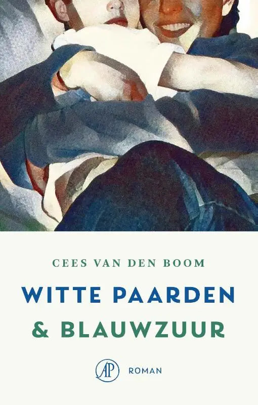 De literaire roman witte paarden bevat een zachte, schilderachtige illustratie van twee kinderen in blauw en wit