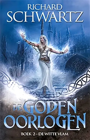 Een fantasy boekcover van witte vlam met een figuur in een wit gewaad in een ijzige blauwe omgeving van richard schwartz